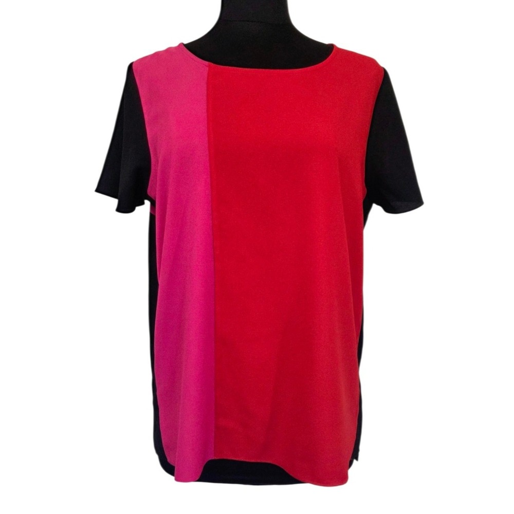 Vince Camuto Colorblock Pullover Shirt Top Red Black Pink EUC Women's Size L